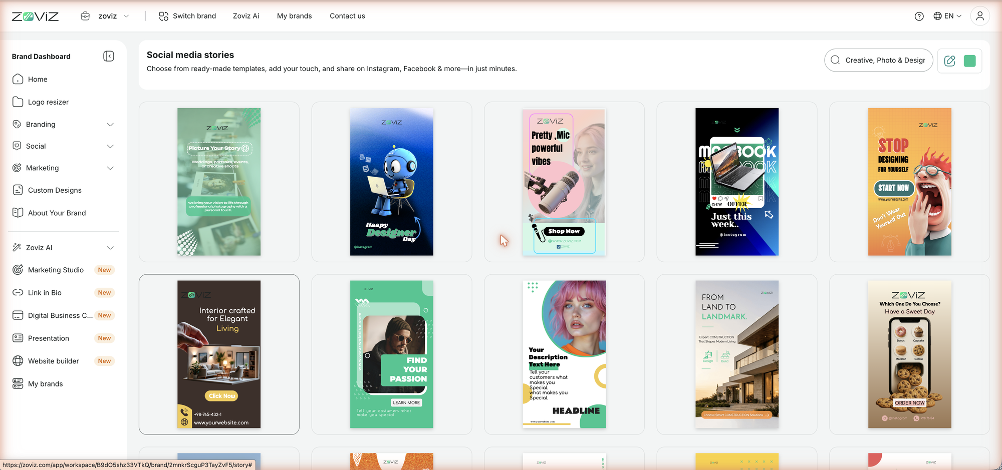 The Social Stories template gallery — vertical designs, already in your brand