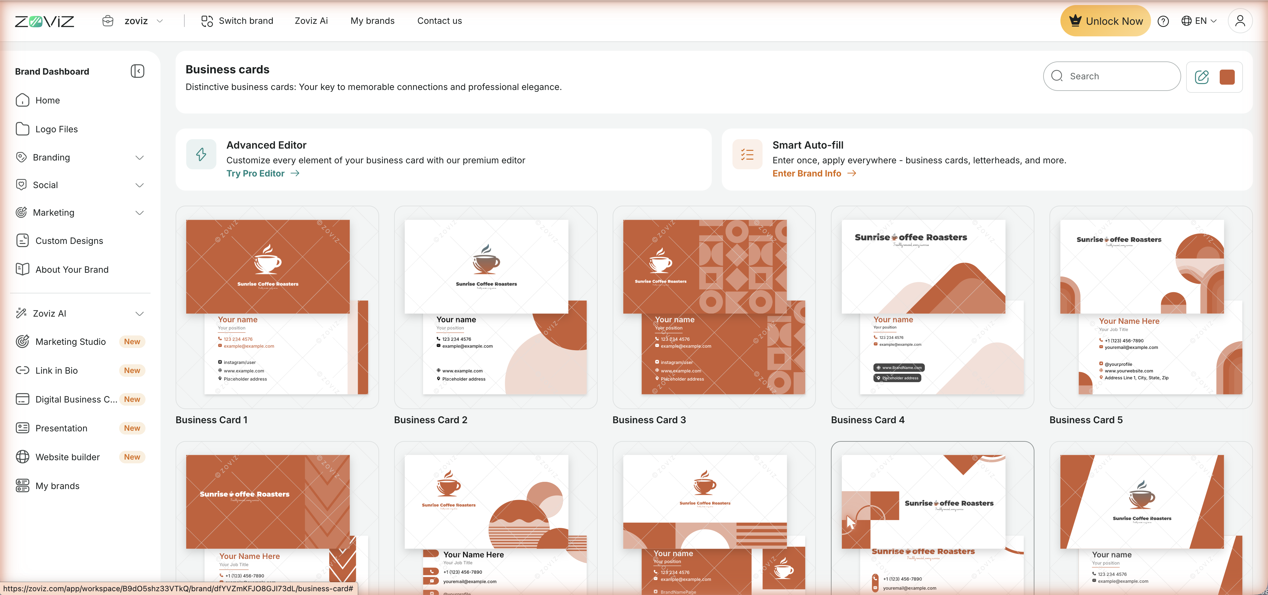 Every template comes pre-branded — here, business cards