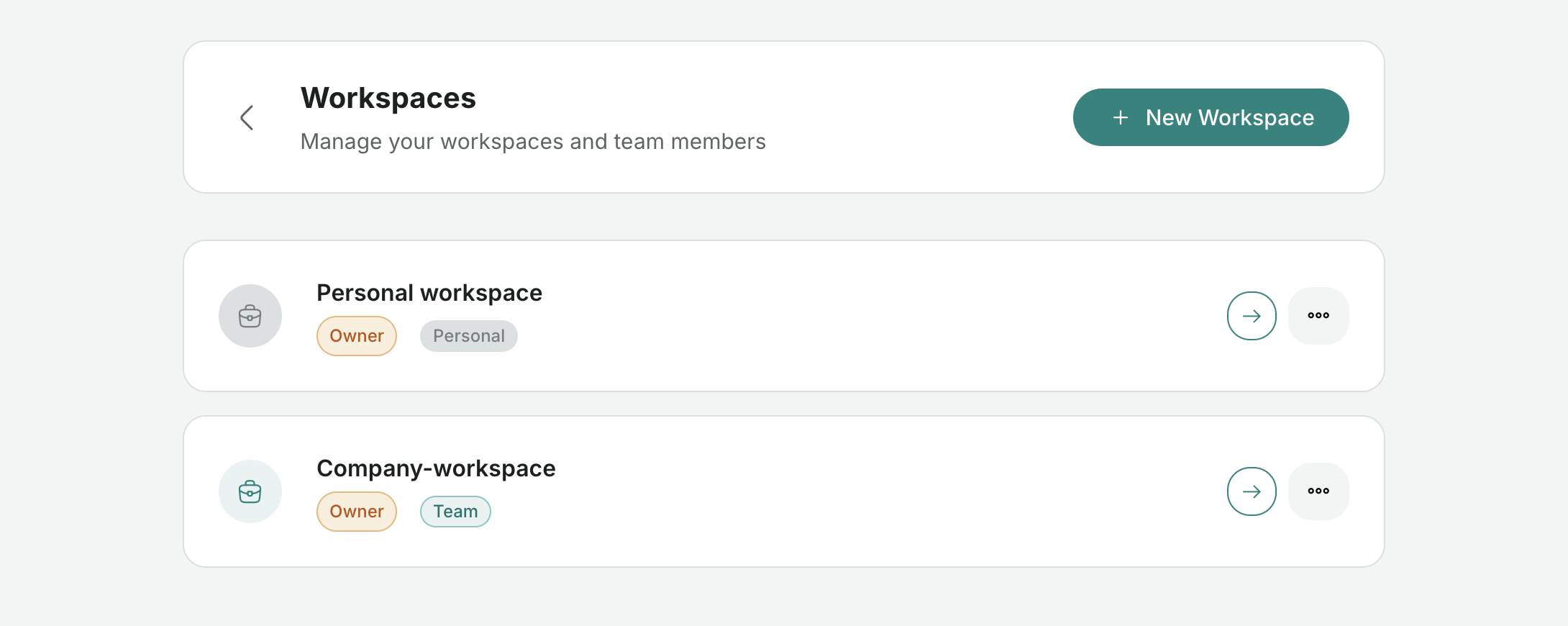 Your workspaces — each card shows its type and your role