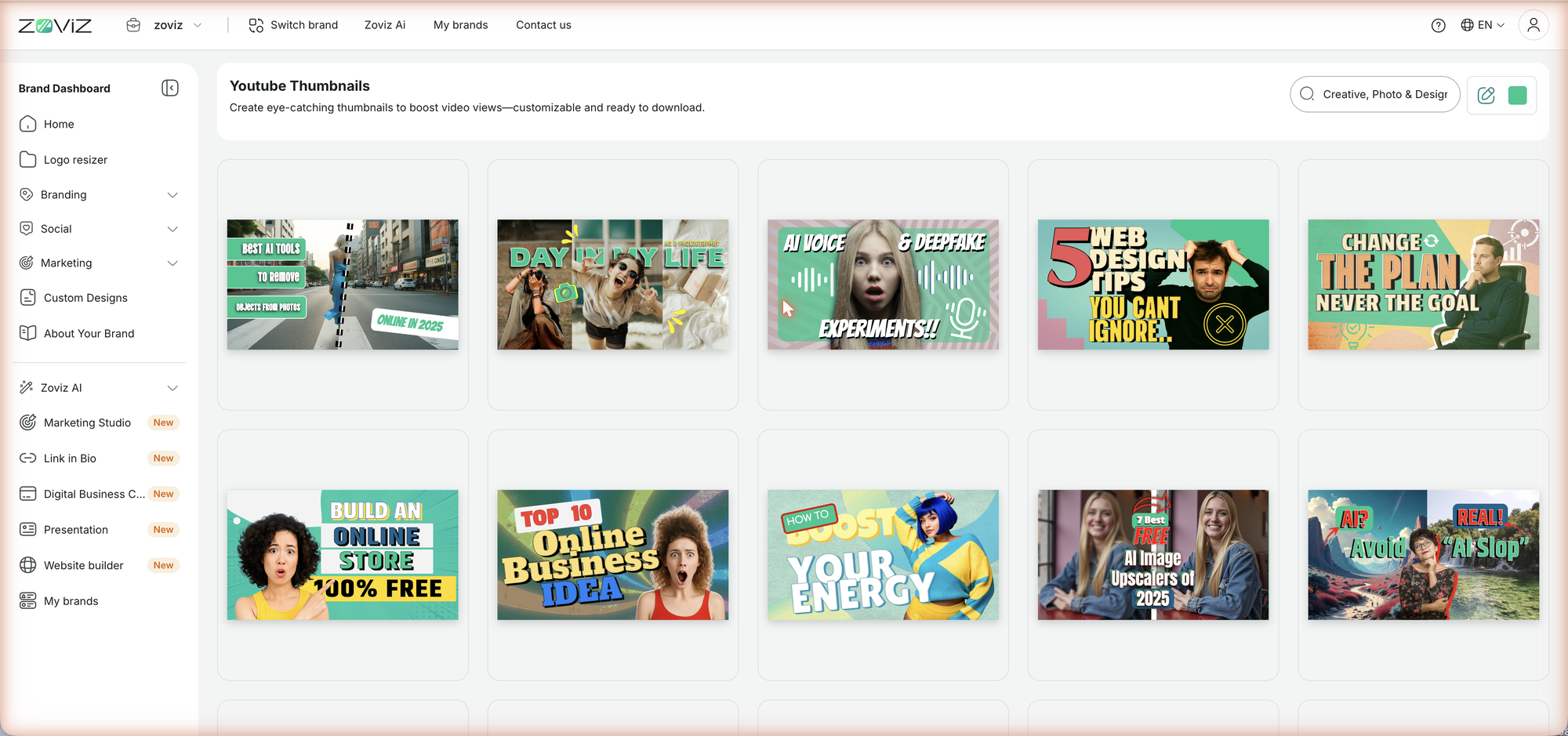 The YouTube Thumbnails gallery — bold, click-ready designs in your brand